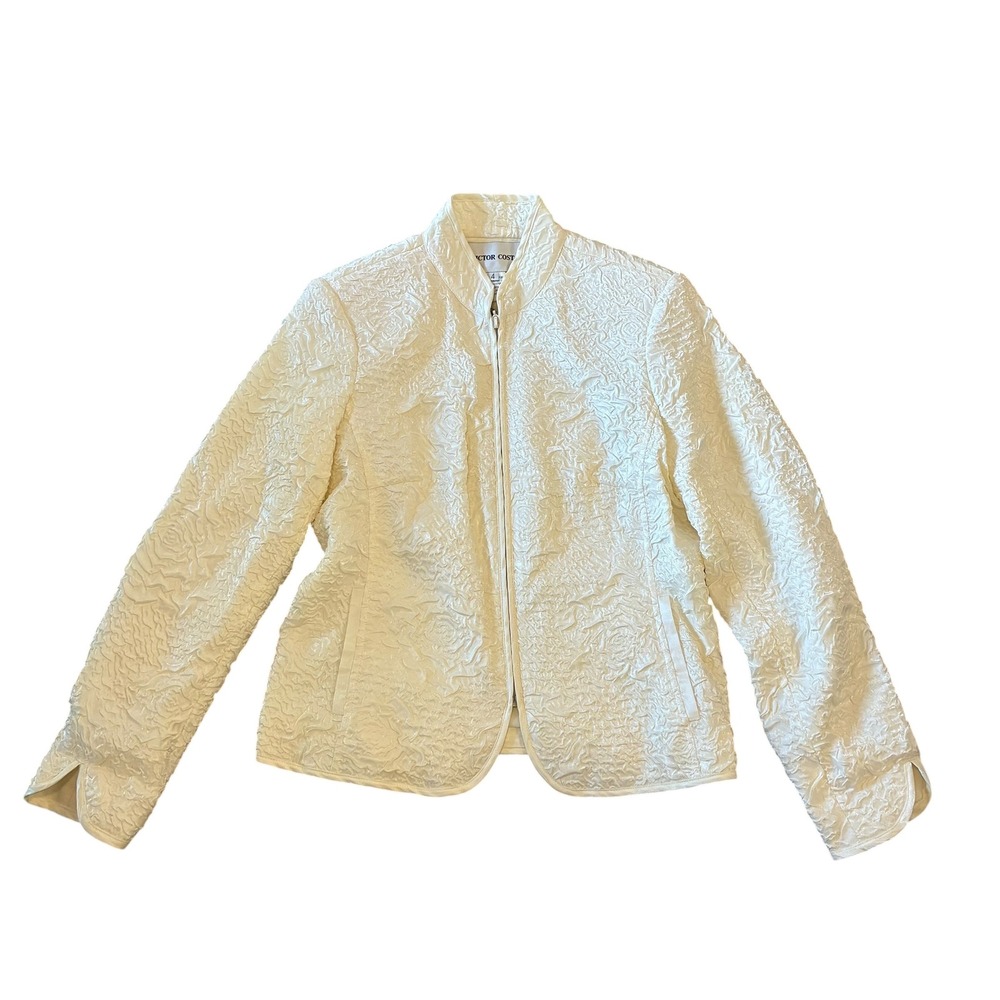 Victor Costa Cream Floral Jacquard Zip Front Jacket Womens 4 Textured Mock Neck
